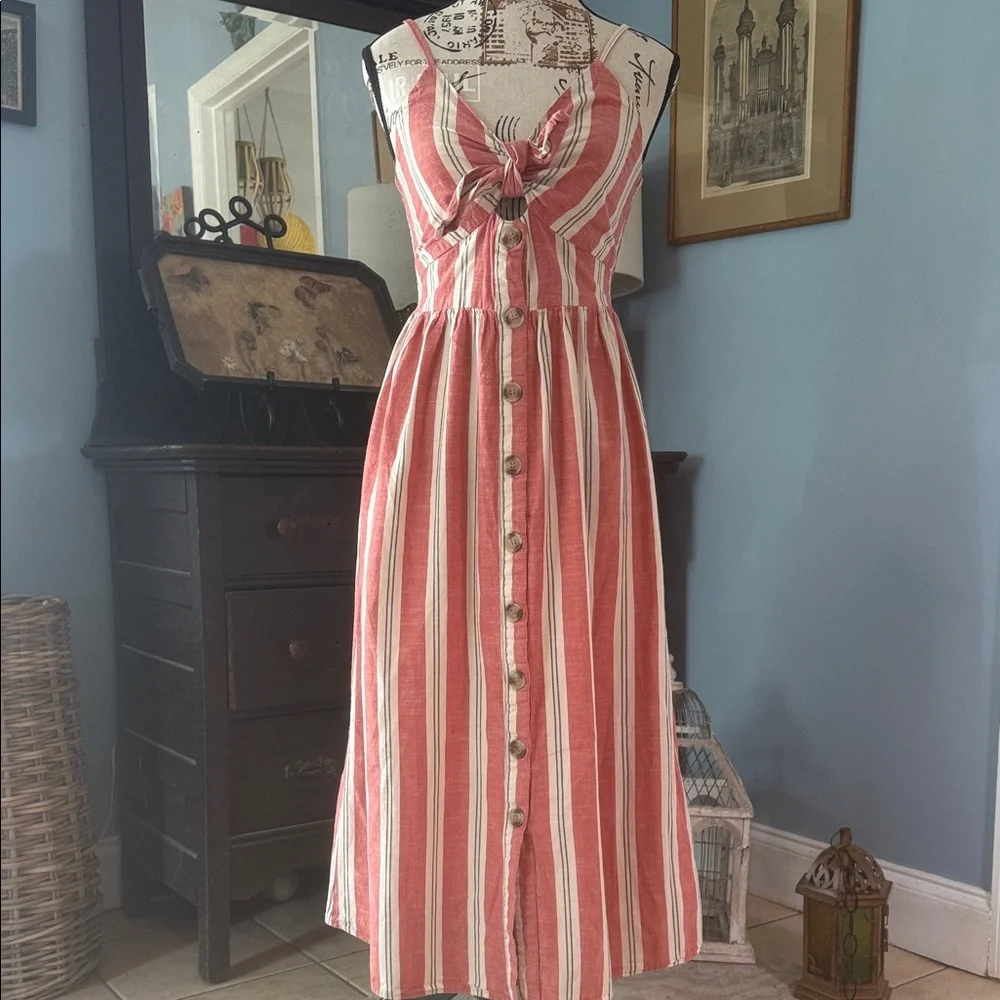Japna Coral Red Creamy White Striped Tie-Front Button Up Spaghetti Strap Dress - Picture 12 of 12